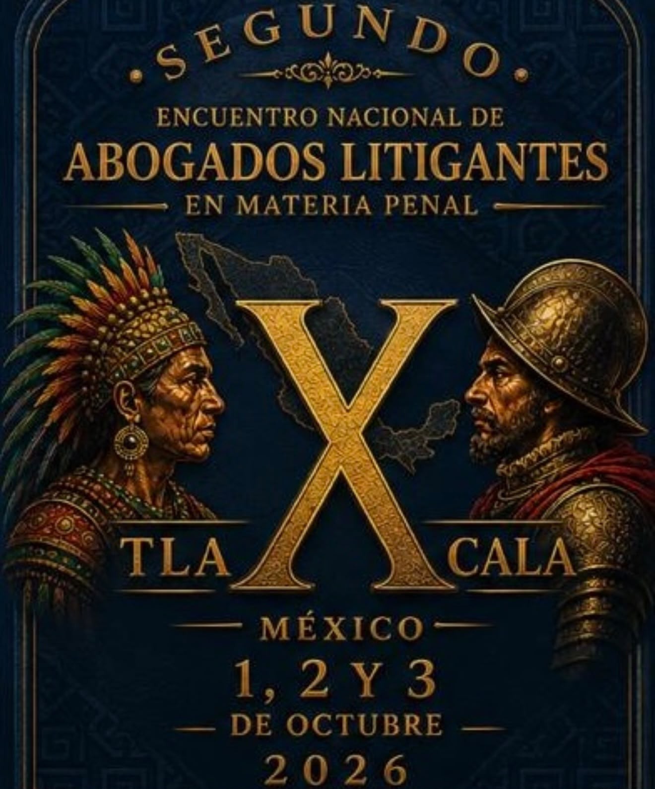 Cartel oficial del Segundo Encuentro Nacional de Abogados Litigantes en Materia Penal, Tlaxcala, México, 1, 2 y 3 de octubre de 2026.