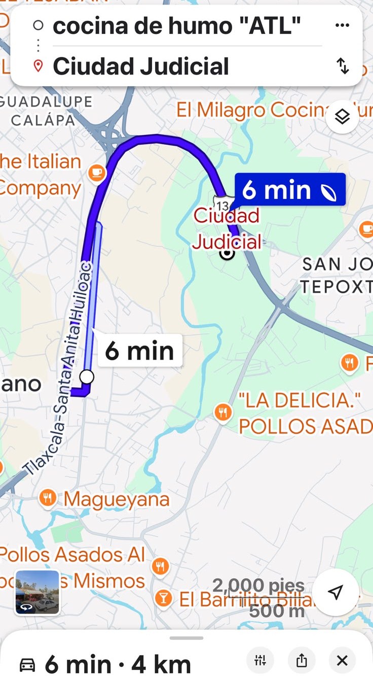 Mapa del trayecto entre el punto de eventos gastronómicos y la Ciudad Judicial en Apizaco: 6 minutos, 4 kilómetros.